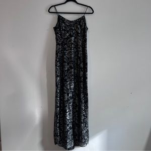 Y2K VINTAGE Silver Black Floral Metallic Print Rhinestone Strap Maxi Gown Dress